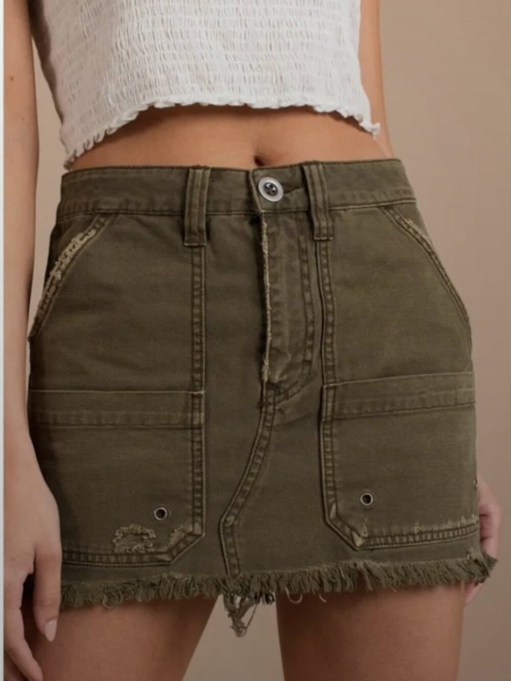 Free People Moss Brown Cargo Distressed Mini Skirt